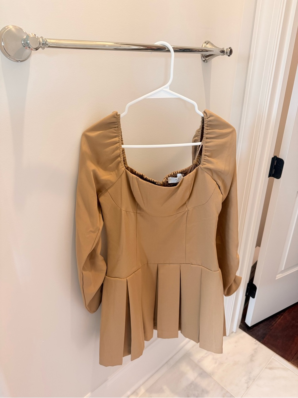 Astr Camel Peplum Square-Neck Long Sleeve Tunic